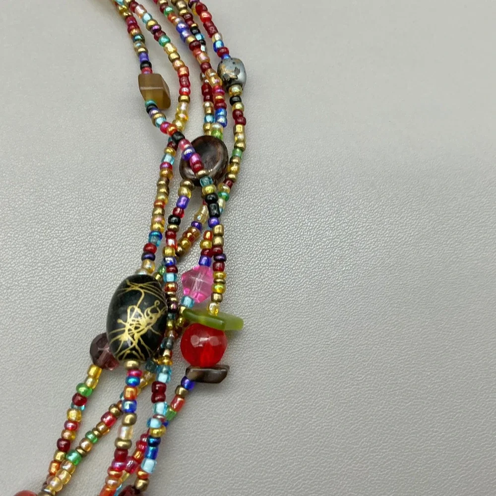 Necklace Multicolor Seed Bead Multi Strand Art Glass Round Pendant Statement
